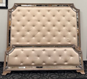 lot 83 image: King Headboard &amp Footboard Set with Tufted Beige Upholstery &amp Mirrored Frame - 2-Piece