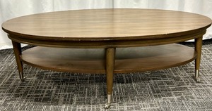 lot 84 image: Oval Wood Coffee Table - Mid-Century Modern with Lower Shelf & Casters