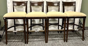 lot 86 image: Stanley Furniture Bar Chairs - Set of 4, Beige Upholstered Seats, Dark Wood Finish