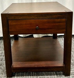 lot 88 image: End Table Nightstand in Dark Walnut Wood with One Drawer & Lower Shelf - Modern Style