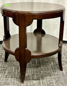 lot 90 image: Round Wood End Table - 2-Tier, Dark Brown Finish
