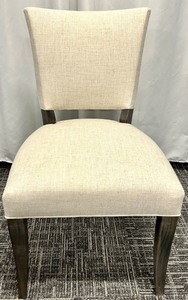 lot 94 image: Saloom Furniture Dining Chair - Upholstered Beige Fabric & Dark Wood Legs
