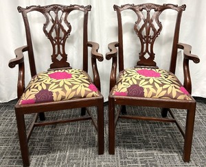 lot 95 image: Indonesian Carved Wood Dining Chairs Pair - Floral Upholstery