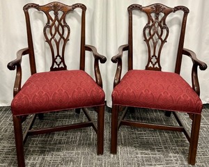 lot 96 image: Henredon Armchairs - Carved Lattice Back & Red Damask Upholstery (Pair)