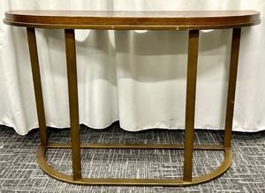 lot 97 image: Mid-Century Modern Style Console Table - Oval Wood Veneer Top &amp Brass Curved Base
