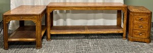 lot 99 image: Heritage by Drexel 3-Piece Console Table Set with Cane Lower Shelves &amp 3-Drawer Chest