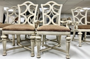 lot 157 image: Set of 6 Vintage White Dining Chairs with Carved Backs & Brown Upholstered Seats