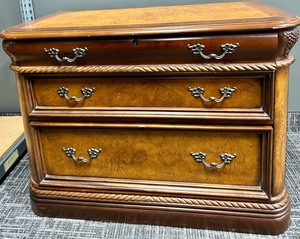 lot 394 image: Aspenhome Burl Wood 3-Drawer Dresser with Rope Edge & Ornate Handles