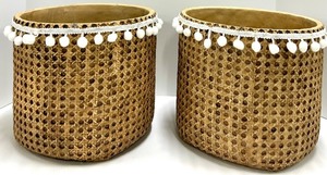 lot 400 image: Ceramic Natural Baskets & Pom-Pom Trim - Set of 2