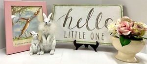 lot 406 image: White Rabbit Figurines Pair - 2 -Hello Little One Sign - Pink Rose Vase