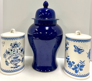 lot 408 image: Creative Co-Op Chad Barrett Blue & White Ceramic Ginger Jar & Canister Set - 3-Piece