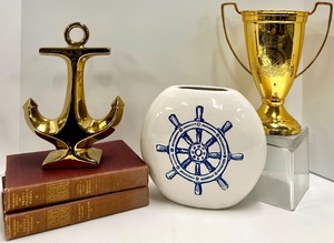 lot 411 image: Gold Anchor Sculpture - White Ceramic Ship Wheel Vase - Gold Trophy Cup