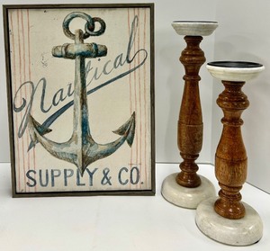 lot 414 image: Nautical Supply & Co Anchor Print & Marble Base Candlesticks - 3-Piece Set