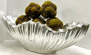 lot 415 image: Ribbed Silver Aluminum Bowl & Moss Balls - Decorative Centerpiece