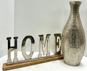 lot 416 image: HOME Letters Sign & Hammered Vase - Silver Textured Metal Decor on Wood Base