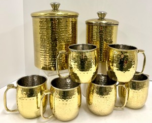lot 418 image: Creative Co-Op Hammered Brass Mugs & Canisters Set - Gold Tone, Hand Wash Only