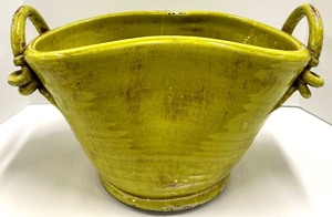 lot 420 image: Yellow Glazed Ceramic Planter Pot with Loop Handles & Crackle Finish