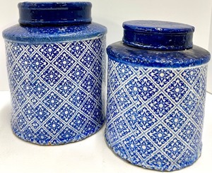 lot 421 image: Blue & White Diamond Pattern Ceramic Canister Jars with Lids - Pair