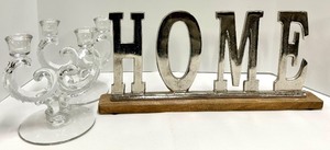 lot 425 image: Two Clear Glass Candelabras & HOME Sign on Wood Base