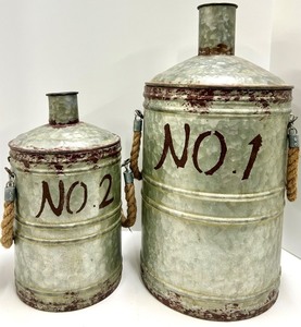 lot 429 image: No.1 & No.2 Galvanized Metal Canisters with Rope Handles