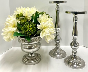 lot 431 image: Silver Pedestal Vase with Cream Flowers & Pair of Candlesticks