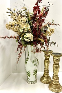 lot 432 image: Porcelain Vase With Floral Arrangement & 2 Gilded Candlesticks