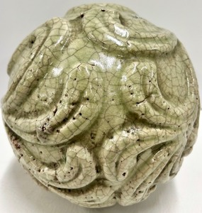 lot 433 image: Celadon Crackle-Glaze Ceramic Ball Sculpture - Scroll Relief