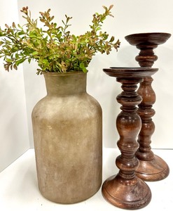 lot 439 image: Ceramic Bottle Vase with Greenery & Pair of Wooden Candlesticks