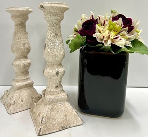 lot 440 image: Pacific Rim Crackle-Glaze Candlesticks (Pair) & Black Ceramic Vase with Artificial Flowers