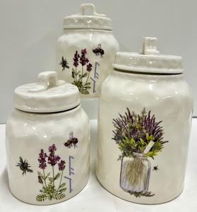 lot 442 image: Ceramic Lavender & Bee Canisters - 3-Piece Set