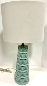lot 168 image: Turquoise Ceramic Table Lamp with Geometric Pattern & White Drum Shade