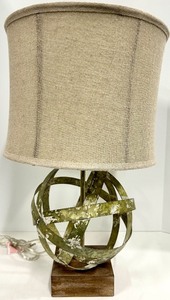 lot 169 image: Table Lamp with Burlap Shade & Geometric Metal Orb Sculpture