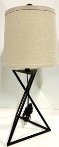 lot 173 image: Floor Lamp & Beige Fabric Shade - Geometric Triangular Black Metal Frame