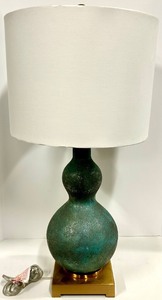 lot 176 image: Ceramic Gourd Table Lamp & White Drum Shade - Teal Patina With Brass Hardware