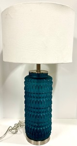 lot 177 image: Teal Glass Table Lamp - Diamond-Pattern Base & White Drum Shade