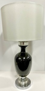 lot 179 image: Table Lamp Black Glass Base with Chrome Harp & White Fabric Shade
