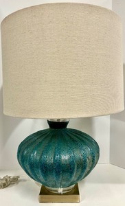 lot 180A image: Turquoise Textured Glass Table Lamp - Brass Base &amp Beige Drum Shade - #1