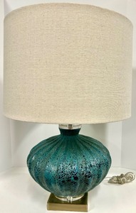 lot 180B image: Turquoise Textured Glass Table Lamp - Brass Base &amp Beige Drum Shade - #2