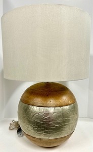 lot 181A image: Wooden Sphere Lamp with Foil-Wrapped Base &amp Beige Drum Shade - #1