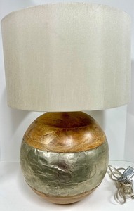 lot 181B image: Wooden Sphere Lamp with Foil-Wrapped Base &amp Beige Drum Shade - #2