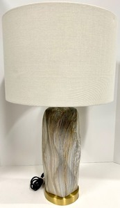 lot 182A image: Table Lamp - Marble Swirl Ceramic Base &amp Brass Ring &amp White Linen Shade - #1