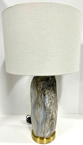 lot 182B image: Table Lamp - Marble Swirl Ceramic Base &amp Brass Ring &amp White Linen Shade - #2