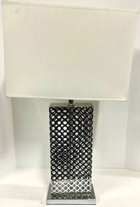 lot 186 image: Lattice-Grid Chrome Table Lamp - Rectangular Cream Shade