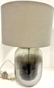 lot 188 image: Mid-Century Ribbed Glass Table Lamp - Gray Linen Drum Shade & Chrome Harp