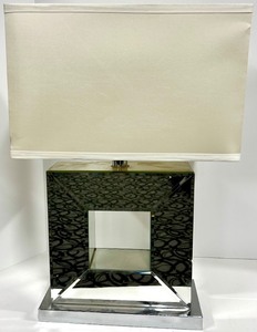 lot 190B image: Geometric Mirror Base Table Lamp - Beige Fabric Shade - #2