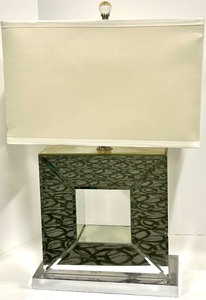 lot 190A image: Geometric Mirror Base Table Lamp - Beige Fabric Shade - #1