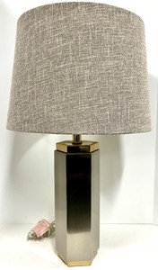 lot 194 image: Modern Hexagonal Chrome Table Lamp & Gray Linen Drum Shade