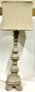 lot 197 image: Table Lamp - Distressed Gray Wood Base & Beige Linen Shade