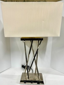 lot 199 image: Chrome Criss-Cross Table Lamp with Beige Linen Shade