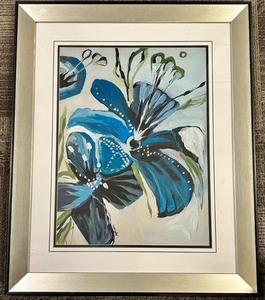 lot 203B image: Abstract Blue Flower Painting - Framed Wall Art - #2